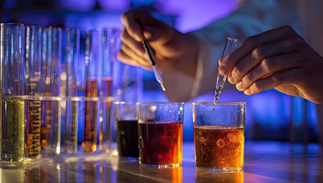 Scientists conducting experiments in a laboratory setting with various beakers and test tubes.