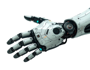 Close-up of a futuristic robotic hand, sleek white and black, with visible intricate mechanical parts