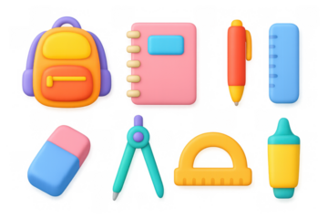 Colorful 3d school supplies set featuring backpack, notebooks, and stationery