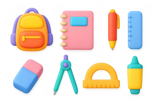 Colorful 3d school supplies set featuring backpack, notebooks, and stationery