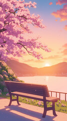 Experience a Majestic Sunset Beneath Cherry Blossoms: A Tranquil Landscape with a Scenic View of Nature's Beauty by the Ocean