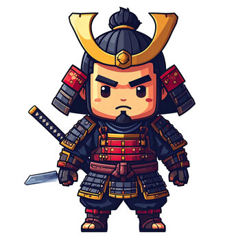 Fototapeta Pixelated chibi samurai in full armor
