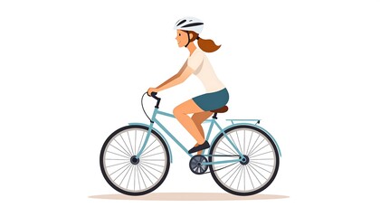 Obraz premium A vector illustration depicts a woman, clad in sporty attire, riding a light blue bicycle against a white background. She wears a helmet