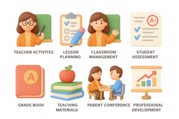 Education icons set with 3d characters and classroom elements