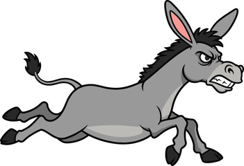 Angry cartoon donkey running fast, wild mule illustration, aggressive farm animal clipart, strong horse family character, animated livestock design, furious expression