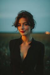 Portrait of a young woman with natural beauty, captured outdoors during sunset, showcasing serene elegance, soft lighting, and a tranquil background, perfect for lifestyle and fashion contexts.