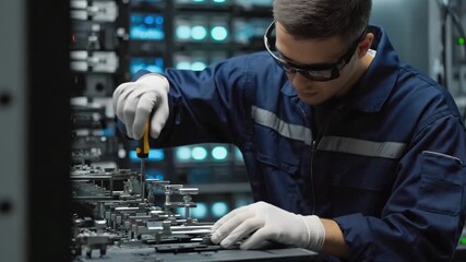 Skilled technician diligently repairing intricate server hardware in a modern data center environment