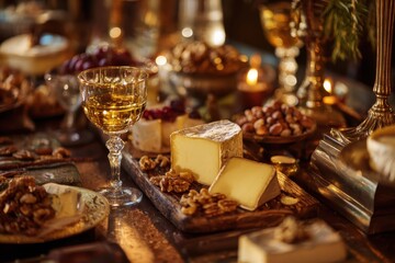 Culinary Symphony: A sumptuously arranged still life, showcasing a selection of delectable food items and beverages, embodying a sense of refinement and celebration.