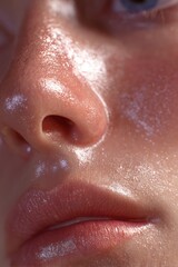 Close-up of human face with glistening skin texture, detailed focus on nose and lips, showcasing realistic skin pores, moisture, and natural beauty in high definition