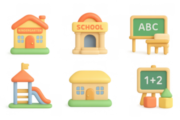 Colorful 3d buildings and educational icons for kids' activities