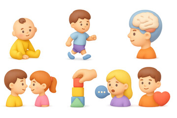 Cute cartoon children activities and emotions with colorful brain and heart elements