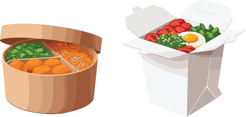 Asian food container illustration with noodles, vegetables, eggs, takeout box, bento lunch, healthy meal packaging, traditional cuisine vector art