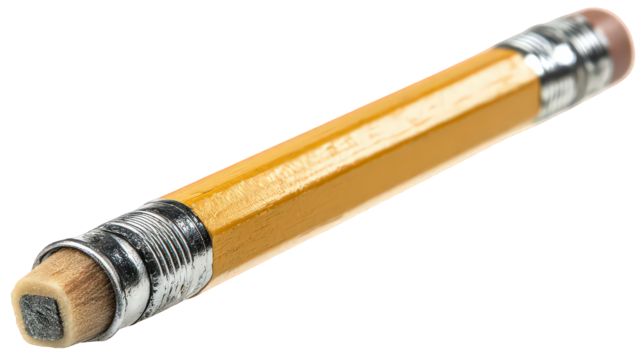 Yellow Pencil with Eraser and Metal Accents on Transparent Background