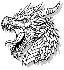 Black and white drawing of a dragons head - Illustration as a symbol, emblem, or tattoo isolated on a white background, Vector