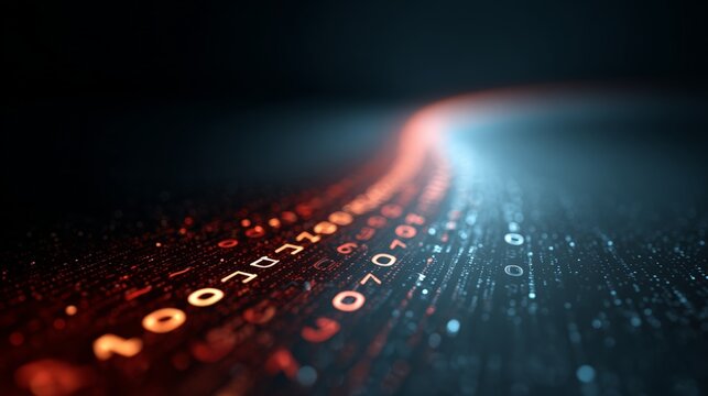 Binary code stream flowing on a dark background, with red and blue gradient lighting, creating a visual representation of artificial intelligence and data processing