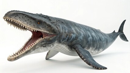 Realistic Livyatan, a massive prehistoric whale with sharp teeth and textured skin, displayed on a clean white studio background with sharp focus and professional studio lighting