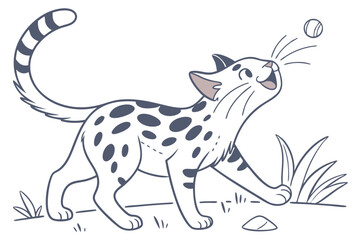 Spotted Cartoon Cat Playing with Ball, Vector, Playful Animal with White Background