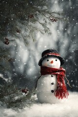 Captivating snowman in winter wonderland scene with snowflakes, pine trees, and festive holiday atmosphere perfect for Christmas and holiday themed designs
