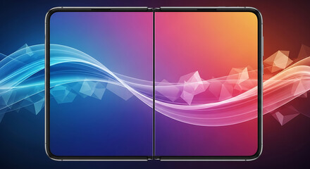 Foldable smartphone displaying vibrant abstract waves and geometric shapes on its dual screens, showcasing modern technology and innovation.