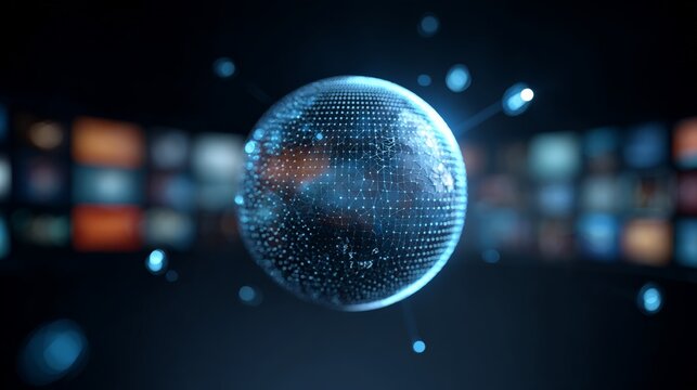 Artificial intelligence processing global data connects information through a network of glowing points, visualized as a globe against blurred data streams