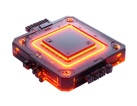High-tech processor with glowing neon orange lines