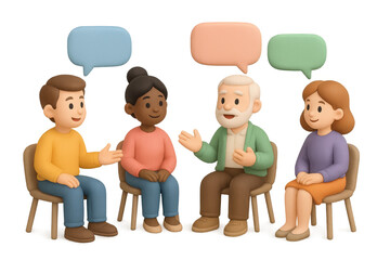 Diverse group in conversation with speech bubbles in 3d style