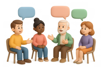 Diverse group in conversation with speech bubbles in 3d style