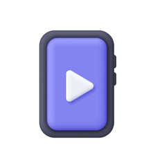 White play button on purple smartphone screen. Multimedia, social media, video content, streaming, user interfaces and entertainment concept. 3d vector icon. Cartoon minimal style.