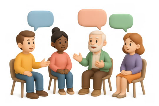 Diverse group in conversation with speech bubbles in 3d style