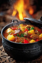 Hearty beef stew simmering in rustic cast iron pot with vegetables and herbs in front of a cozy, warm fireplace scene, perfect for autumn and winter comfort food themes