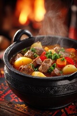 Delicious Homemade Beef Stew with Vegetables in Rustic Pot, Perfect for Cozy Winter Meals and Comfort Food Lovers
