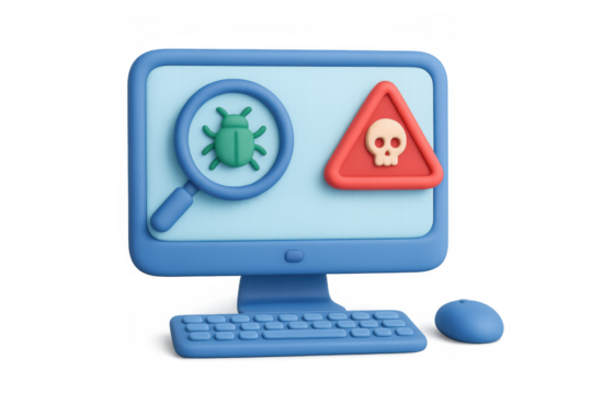 Virus alert concept with computer and warning symbols in 3d style