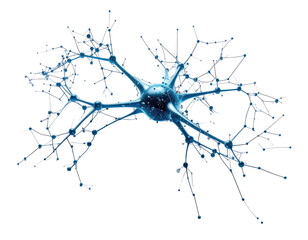 A stylized illustration of a neuron. Complex network of branches extends from a central cell body. Image is in blue-toned grayscale