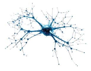 A stylized illustration of a neuron.  Complex network of branches extends from a central cell body.  Image is in blue-toned grayscale