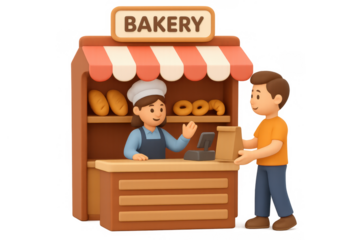 3d bakery counter with friendly staff and customer interaction