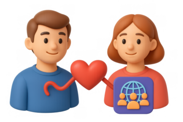3d characters sharing heart symbol with global community icon