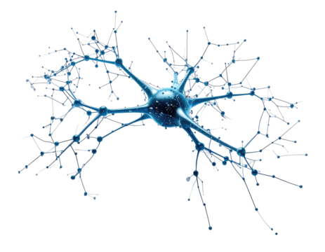 A stylized illustration of a neuron.  Complex network of branches extends from a central cell body.  Image is in blue-toned grayscale - Powered by Adobe