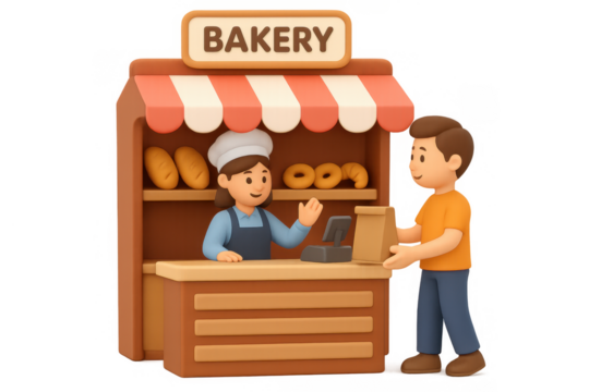 3d bakery counter with friendly staff and customer interaction