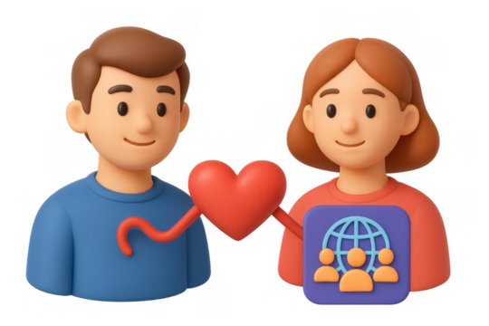3d characters sharing heart symbol with global community icon