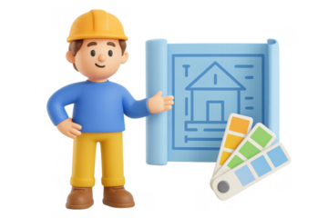 3d construction worker with blueprint and color swatches
