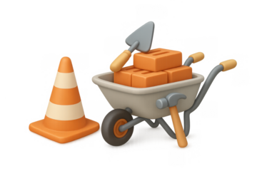 3d construction tools with cone and bricks on white background