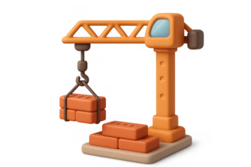 3d cartoon construction crane lifting bricks with cute design