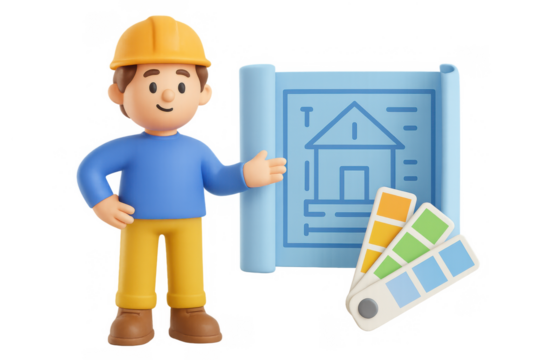 3d construction worker with blueprint and color swatches