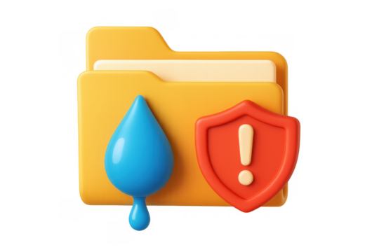 Colorful 3d file folder icon with security shield and water alert symbol