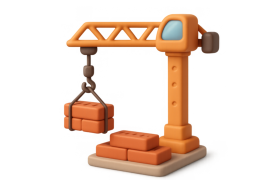 3d cartoon construction crane lifting bricks with cute design