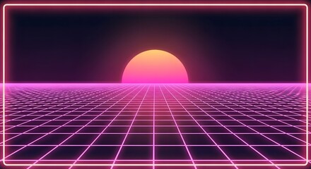 A retro-futuristic digital landscape with a glowing neon grid stretching towards a stylized setting sun.