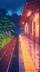 Enchanting Train Station at Dusk: Rainy Evening Landscape with Vibrant Greenery and Reflective Pathway Awaits Your Serene Journey Through Nature's Embrace