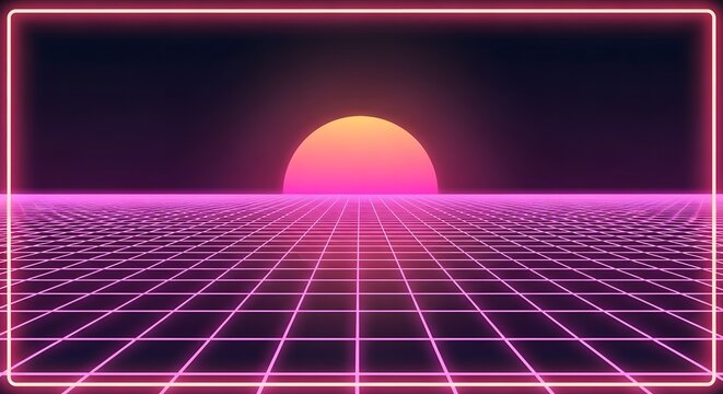 A retro-futuristic digital landscape with a glowing neon grid stretching towards a stylized setting sun.