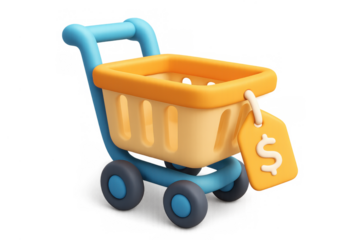 3d shopping cart with price tag for online retail and commerce themes