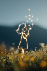 Captivating artistic illustration of a glowing girl figure blowing dandelions in a serene mountain meadow at dusk, symbolizing peace, dreams, and whimsical beauty